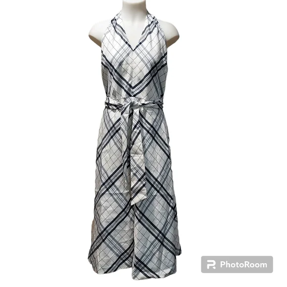 Liz Claiborne Dresses | Liz Claiborne American Getaway Plaid Halter Dress Linen Silk Blend | Color: Black/White | Size: 12 | Georgiapecan's Closet